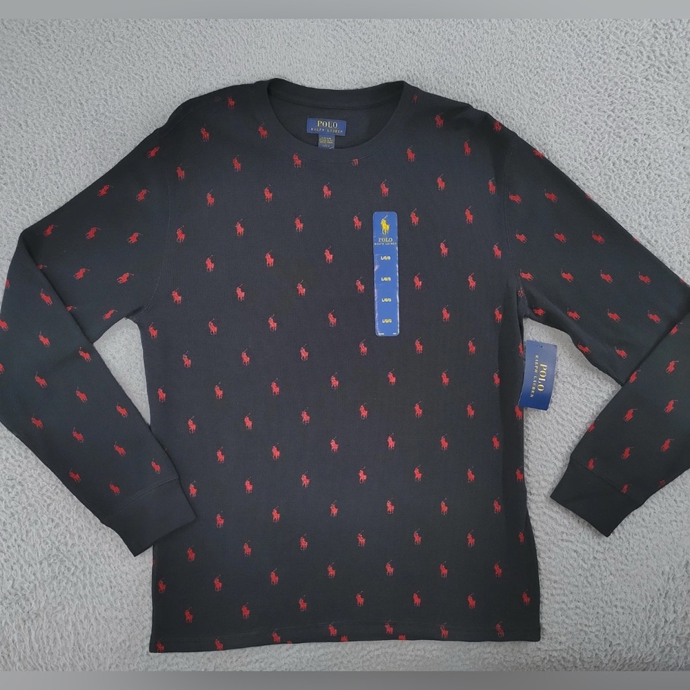 Polo Ralph Lauren Sleep Shirt Men’s Thermal Cotton Top Black Red Pony print M L
